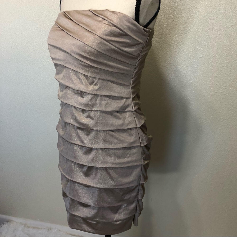 Gold Pleated Strapless Cocktail Dress